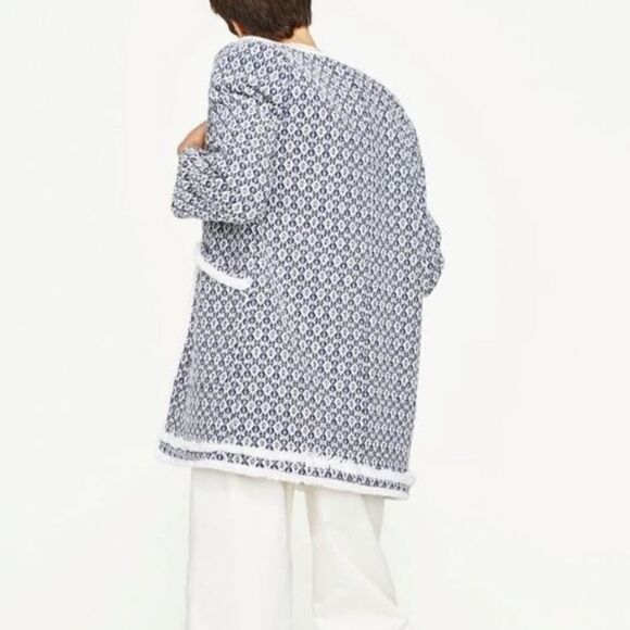 ZARA Basic BlueWhite Tweed Open Front Jacket Women’s XL Tribal Woven Fringe Coat - Picture 2 of 10